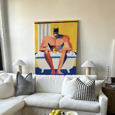 趣味美式潮流蝙蝠侠泡澡小黄鸭装饰画卡通油画挂画创意艺术壁画