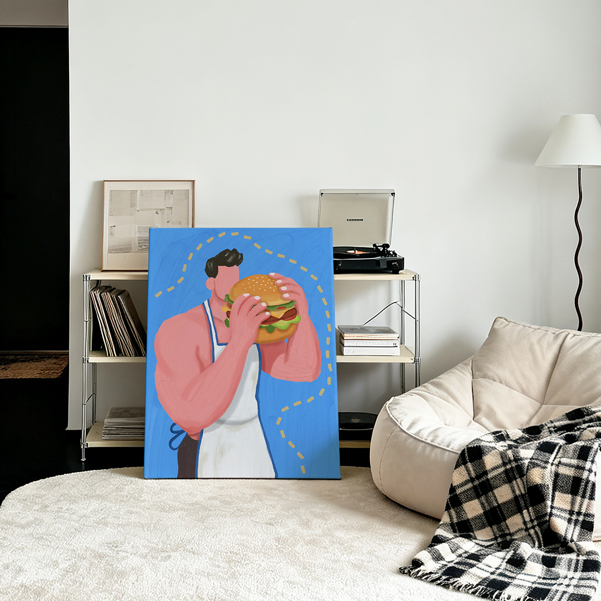 原创多巴胺肌肉男汉堡油画趣味搞怪艺术装饰画小众ins玄关挂画