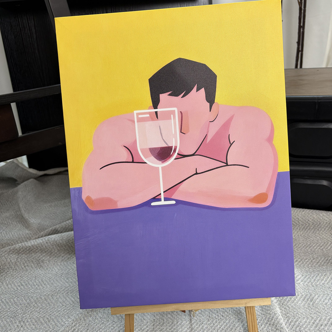肌肉男红酒杯装饰画卡通平面氛围感画喷绘客厅工作室艺术画框