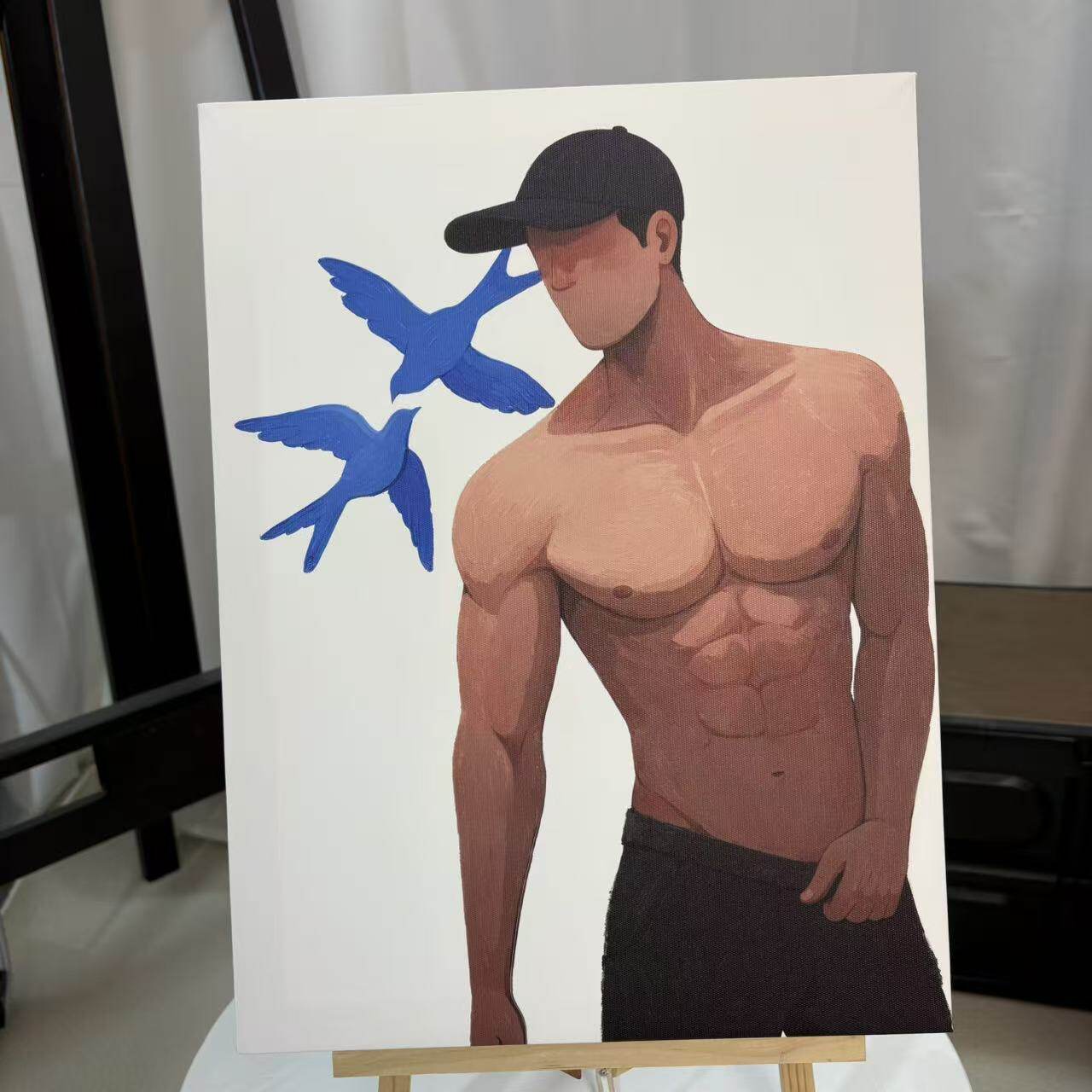 小众艺术和平鸽子抽象男体卡通油画挂画趣味肌肉男极简约装饰画