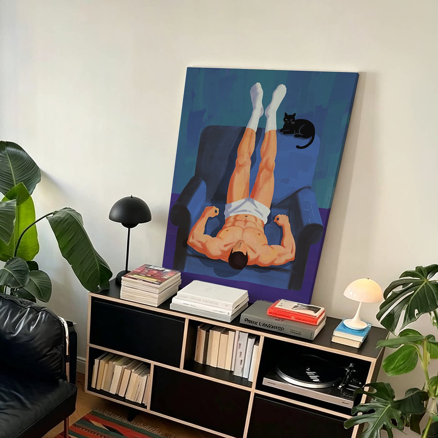 趣味创意插画潮流装饰画蓝紫调肌肉男黑猫艺术画公寓客厅软装挂画