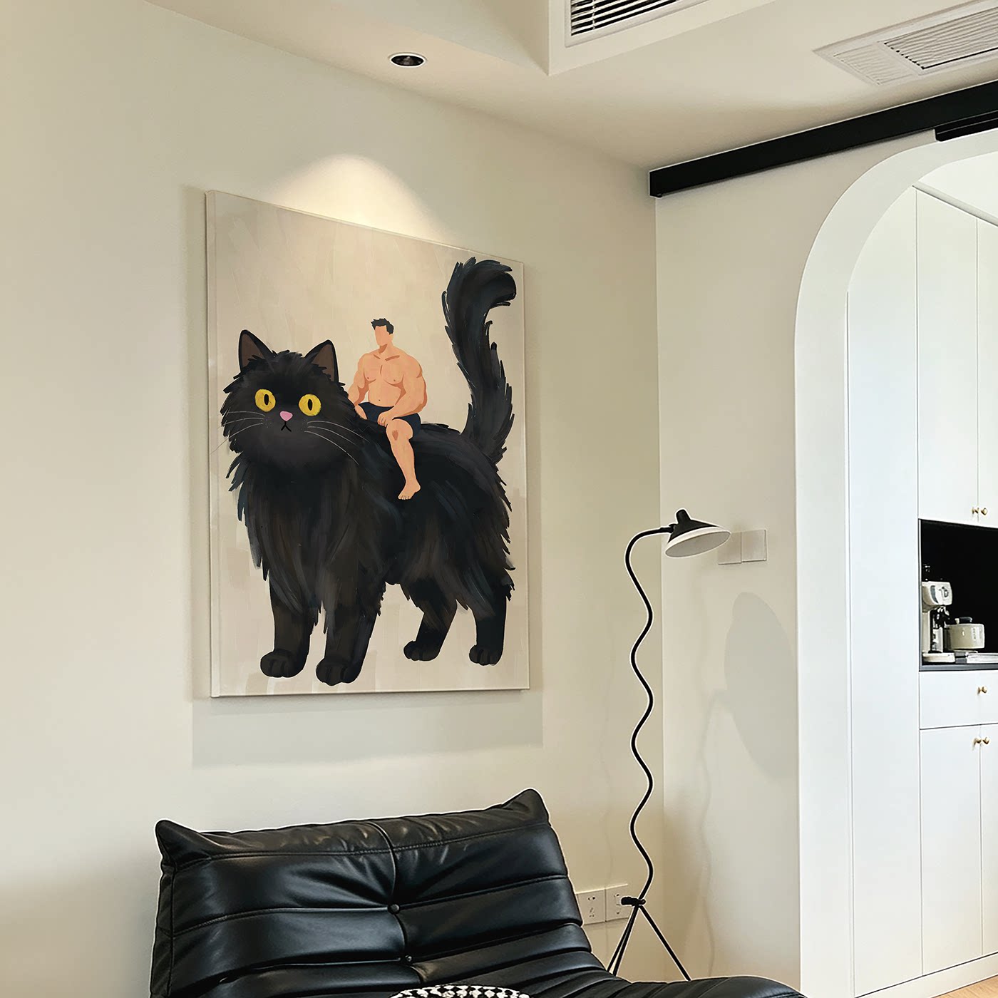 骑巨猫大壮治愈反差挂画巨型黑猫脂包肌猛男趣味卡通肌肉男装饰画
