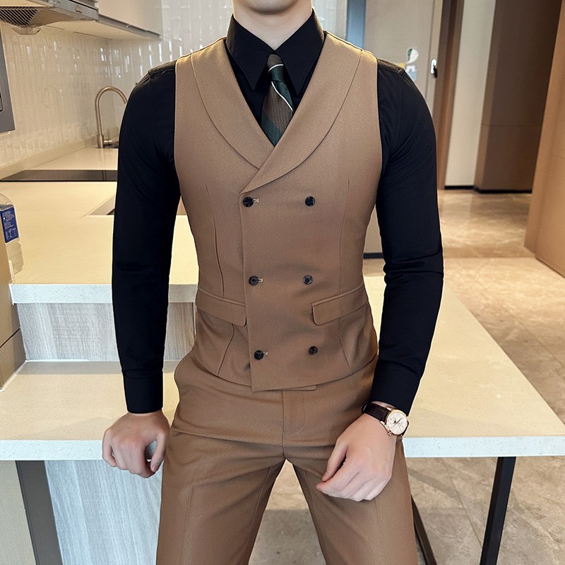 青果领西装马甲套装男双s排扣结婚伴郎礼服商务背心西裤两件套帅