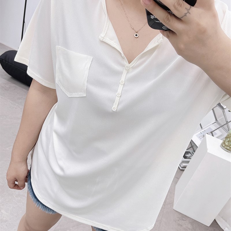 2023夏季新款大码女装韩版t200斤胖MM百搭显瘦纽扣T恤短袖套头上