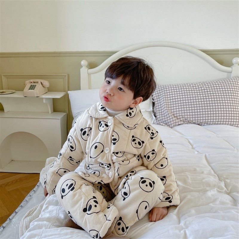 23新儿童睡衣i冬季加厚款小孩女童纯棉宝宝加绒三层夹棉男童家居