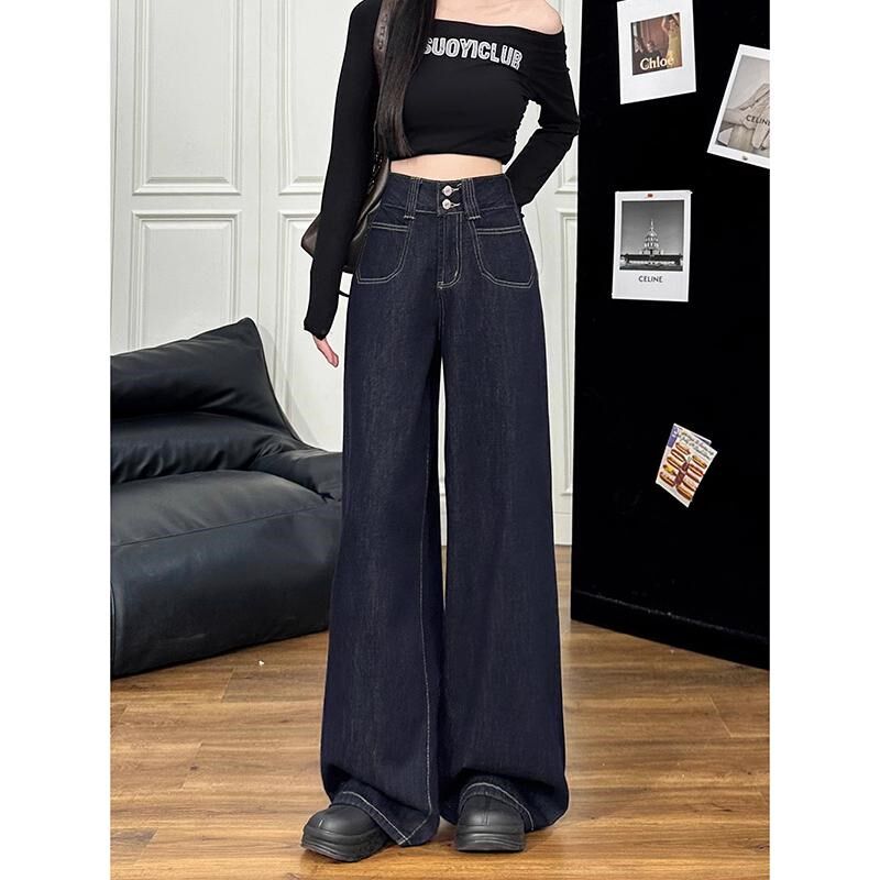 特大码胖mm美式复古深蓝色阔腿牛仔裤女新款高Q腰显瘦垂感直筒裤