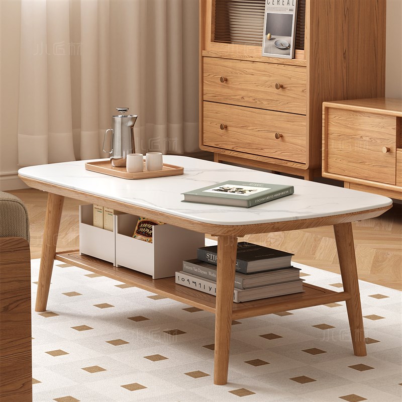 全实木岩板茶几客厅家用阳台小户型B2025新款极简中古原木风小茶