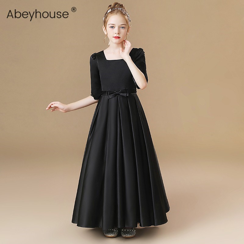 女童黑色钢琴演出服主持服绑带可调节中K大童晚礼服儿童乐团演奏