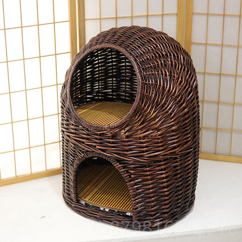 高档藤编猫窝保暖猫窝柳编小屋猫子别墅型犬窝猫四房季通用可拆洗