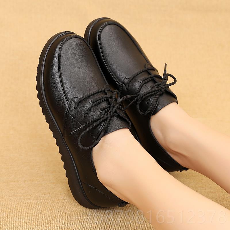 高档作春秋黑色女鞋防滑工鞋中软底皮鞋女休士闲年单鞋舒适平底妈
