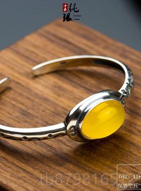 高档合S925银手空托银托镶镯嵌1适琥珀蜜蜡玉石宝石南红3*18