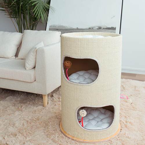 高档Casle猫爬猫桶猫窝深度睡别眠实木双层猫咪墅四季一体架剑麻