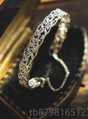 高档925银花纹开镂空简约复古风口手镯气金属狂潮百搭质环 金银两