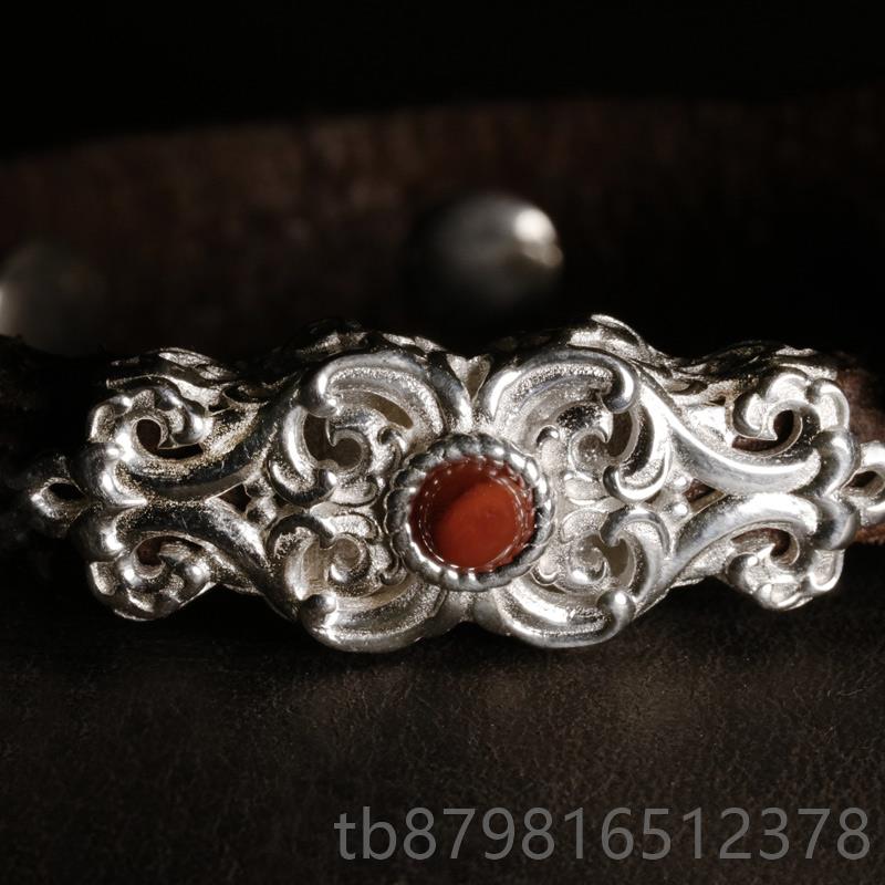 高档蒙镶客皮手环男手镯日本枥木鞍革925纯银扣嵌松原矿绿石皮女