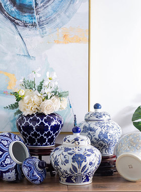 陶瓷器罐青花瓷插花插现代家居新中式装饰品客厅电视柜摆件