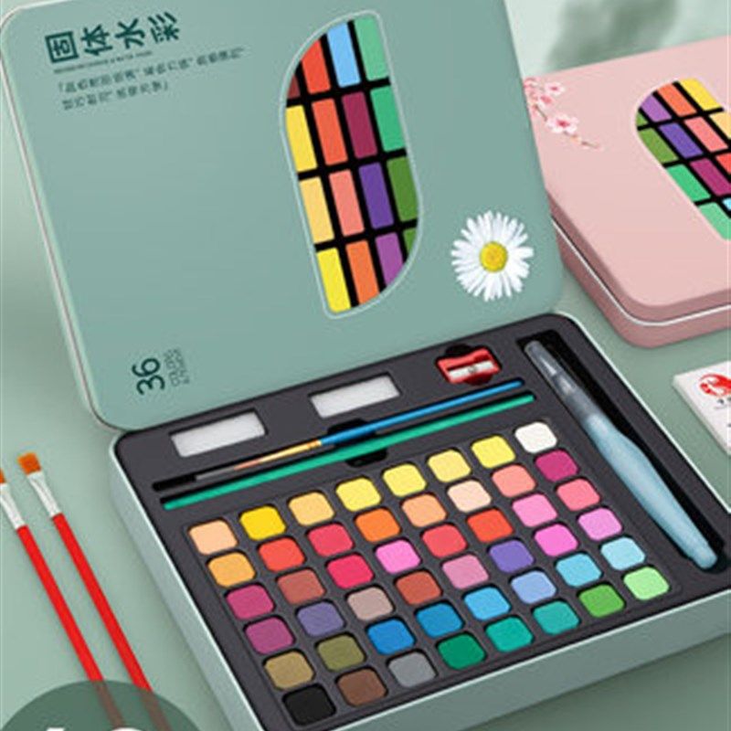 水彩颜料60色美术绘画工具套装水粉小学生固体粉饼铁盒装儿童可水