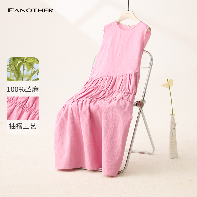 名邦女装夏日度假风百分苎麻无袖连衣裙圆领褶皱设计A字版长裙