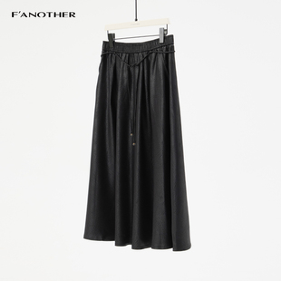 名邦女装复古通勤高腰A字气质黑色皮裙松紧腰垂坠感插兜半身裙