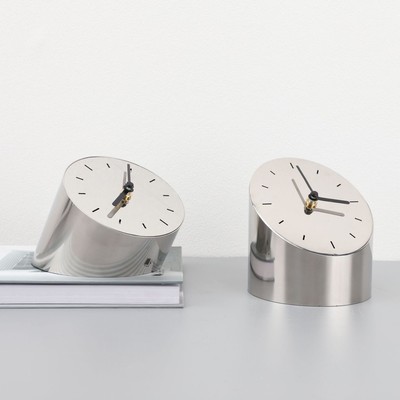 欧式金属斜边银色时钟摆件样板房电视柜卧室书房客厅桌面软装饰品