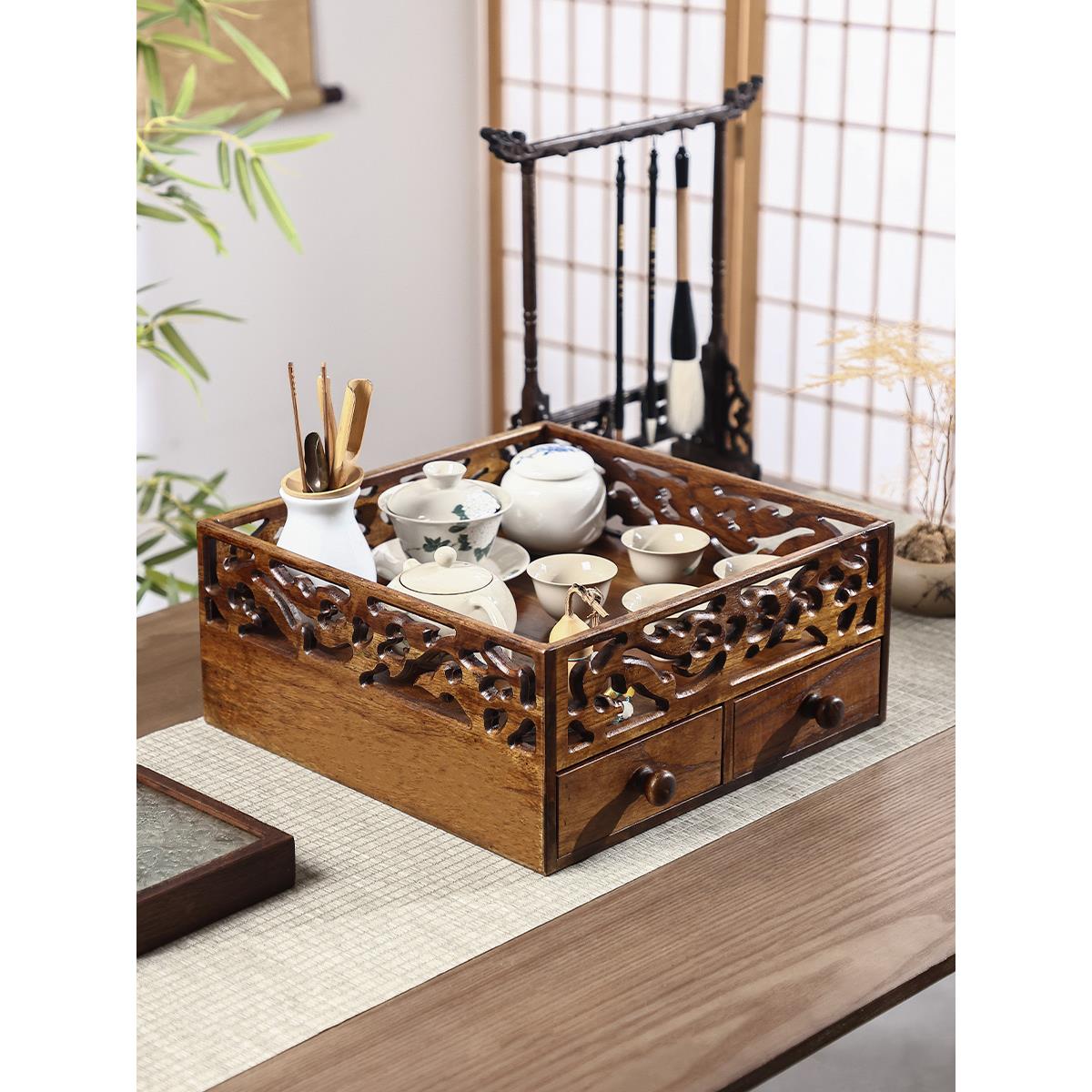 异丽实木茶杯收纳盒置物架桌上中式茶具收纳架茶台茶盘都承盘茶盒