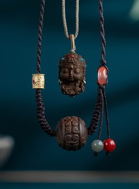 高端越南芽庄白奇楠雕刻回纹项链吊坠沉水级沉香绿度母挂件挂坠女