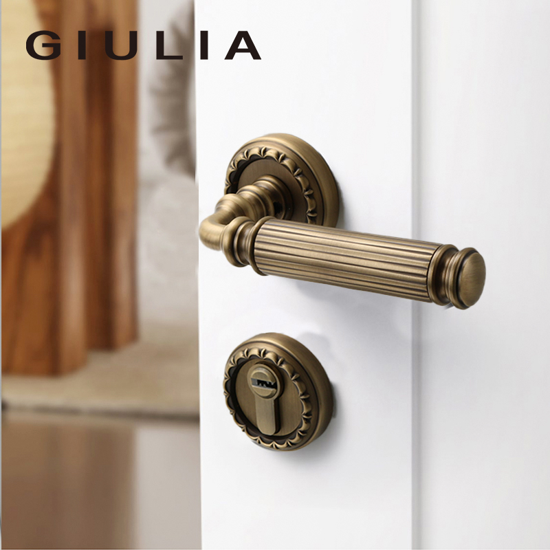 GIULIA黄铜复古磁吸静音法式门锁古铜静音门锁室内做旧门把手