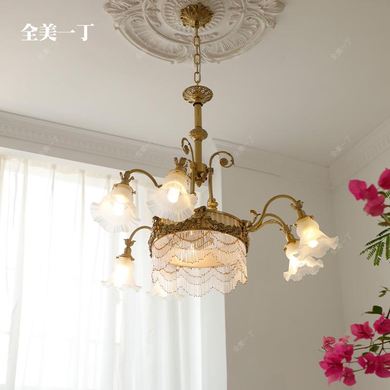 全美一丁法式覆古黄铜珠帘玻璃花苞客厅吊灯浪漫中古楼梯覆式吸顶