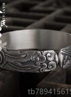 高档银丹坊云南手工制作复古做旧足浮雕宽面实心凤穿银牡手寸镯.