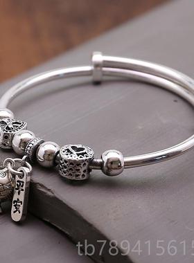 高档足银9999纯银手镯复古质流苏款气鱼吊坠圆女珠女镯子推拉送友