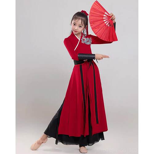 高档儿童雪风龙吟古典舞舞蹈服国风色练功服装古舞蹈套服红扇子演