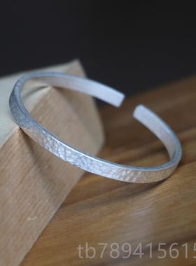 高档999银手工原创板纯手环细厚实手光镯可定制图案刻字