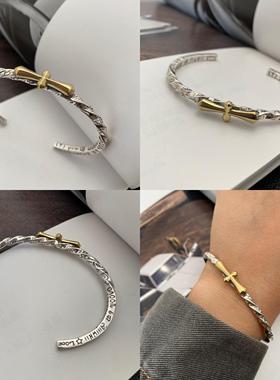 高档不细同镯银匠 原创925纯银十字架涂鸦扭纹开口手镶嵌宝石式手