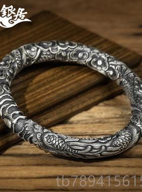 高档龙祥银居云南花银 原创设计穿云雪足银手镯法做旧高工浮雕古.
