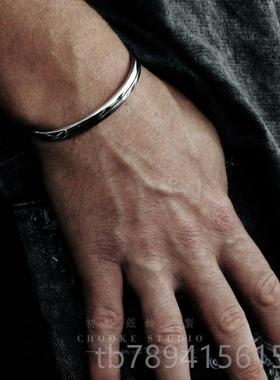 高档简9约线条镯99纯银 手欧潮流男士复古开口情侣刻字定制美七夕