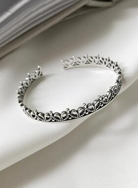 高档银手镯925纯银皇冠镯韩版气手质开口手银镯子女王银饰女品环
