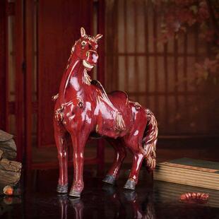石湾窑砖红窑釉面红瓷马驿马平川生肖马摆件办公室陶瓷摆件