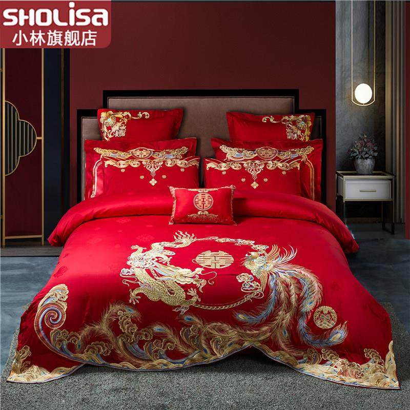 小林寝室100支婚庆多件套婚庆四件组结婚红色大红色龙凤绣花喜被,床上用品,婚庆床品套件,淘宝优惠券,粉丝福利购,淘宝优惠卷