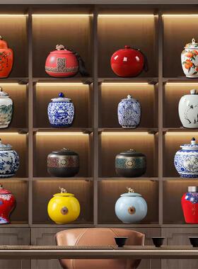 茶室样板房酒店茶柜薄谷架新型中式家居配件高端摆件茶具陶瓷茶罐