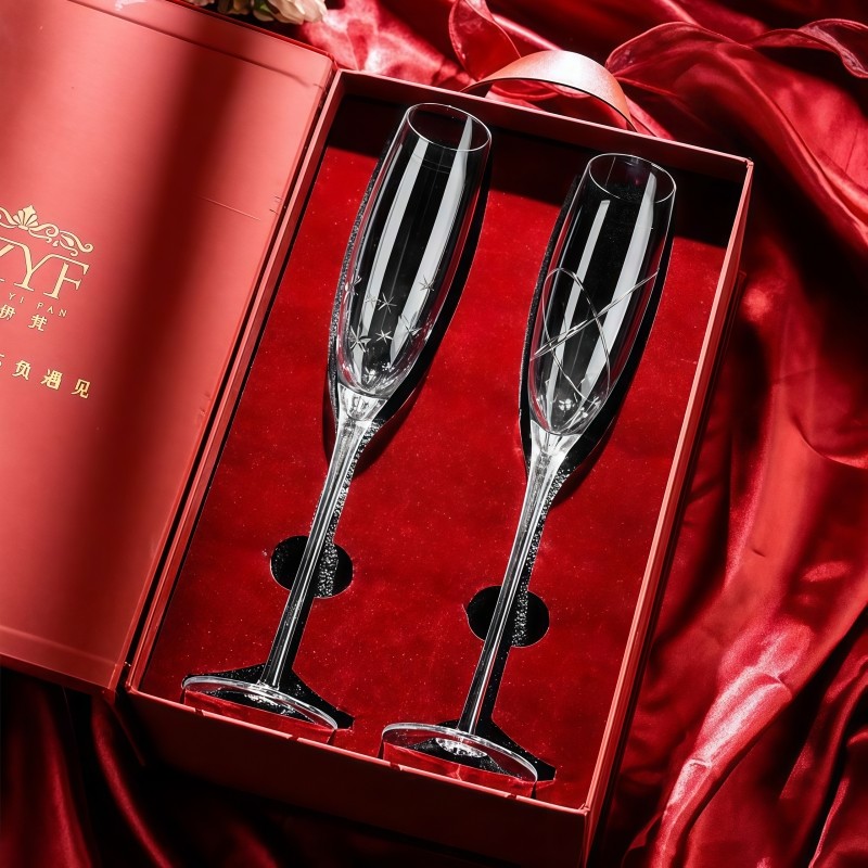 手工雕刻轻奢水晶玻璃香槟杯一对礼盒套装高档高脚杯家用起泡酒杯,餐饮具,甜酒/香槟杯,淘宝优惠券,粉丝福利购,淘宝优惠卷