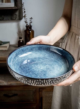 xyt质感爆棚~实用厚实的大菜碗 复古窑变釉蓝色陶瓷碗沙拉碗大碗