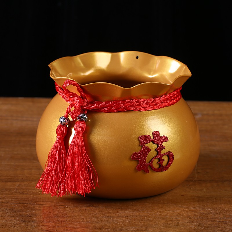 新年福桶聚宝盆红发财果插花桶铁艺福桶家居装饰客厅摆件金属盆器
