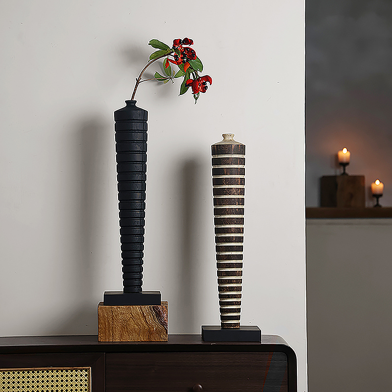 侘寂风花瓶碳化木高脚花器日式插花客厅样板间展示柜黑色落地摆件