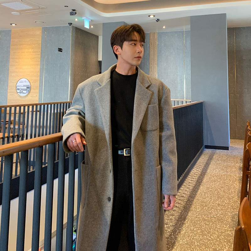 秋冬男款灰色毛呢大衣男中长款过膝宽松落肩呢子风衣外套冬季加厚