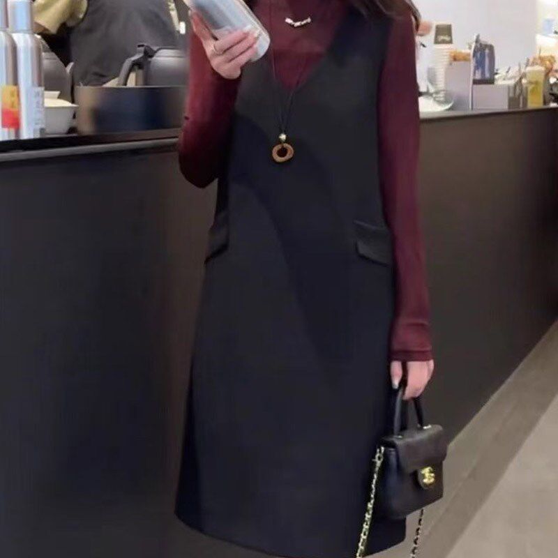 无袖毛呢背心连衣裙秋冬新款显瘦气质V领马甲裙中长款打底裙呢裙