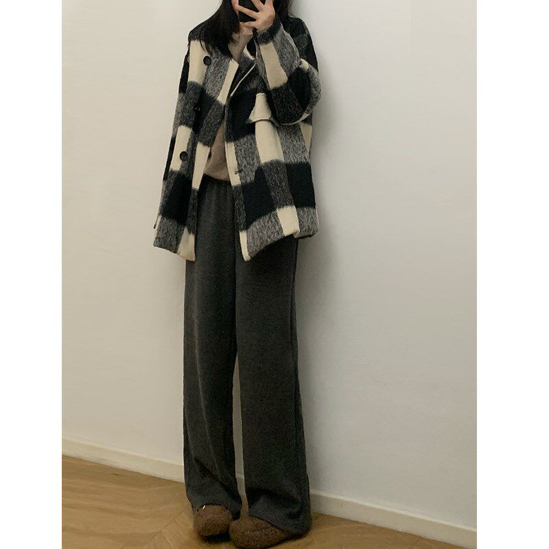 新款加厚加绒针织糯米裤女秋冬天窄版直筒裤子高腰宽松加长阔腿裤
