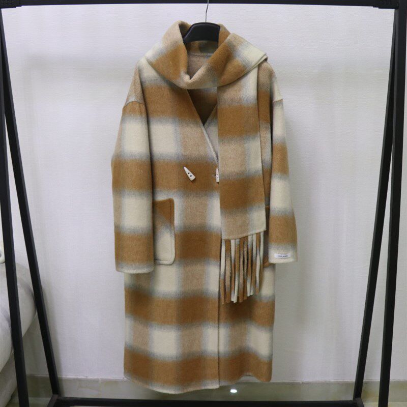2023韩国高端橘色格子双面羊毛大衣围巾两件套长款毛呢外套,女装/女士精品,毛呢外套,淘宝优惠券,粉丝福利购,淘宝优惠卷