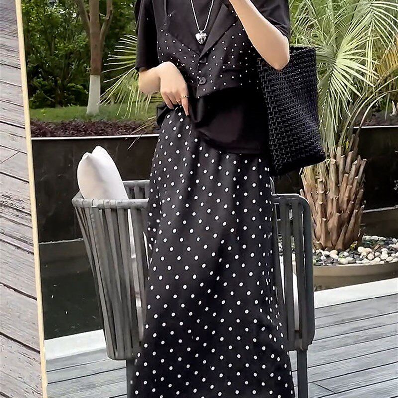 夏装搭配一整套时尚假两件设计感波点短袖t恤女腰宽松显瘦半身裙