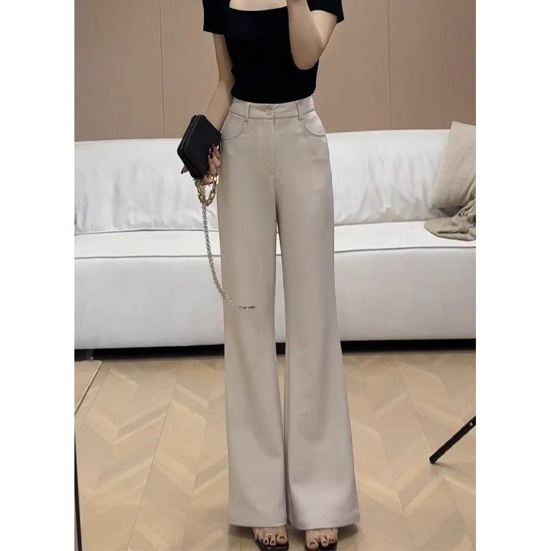 杏色高腰垂感不贴腿微喇西装裤女2025夏季新款弹力显瘦喇叭休闲裤
