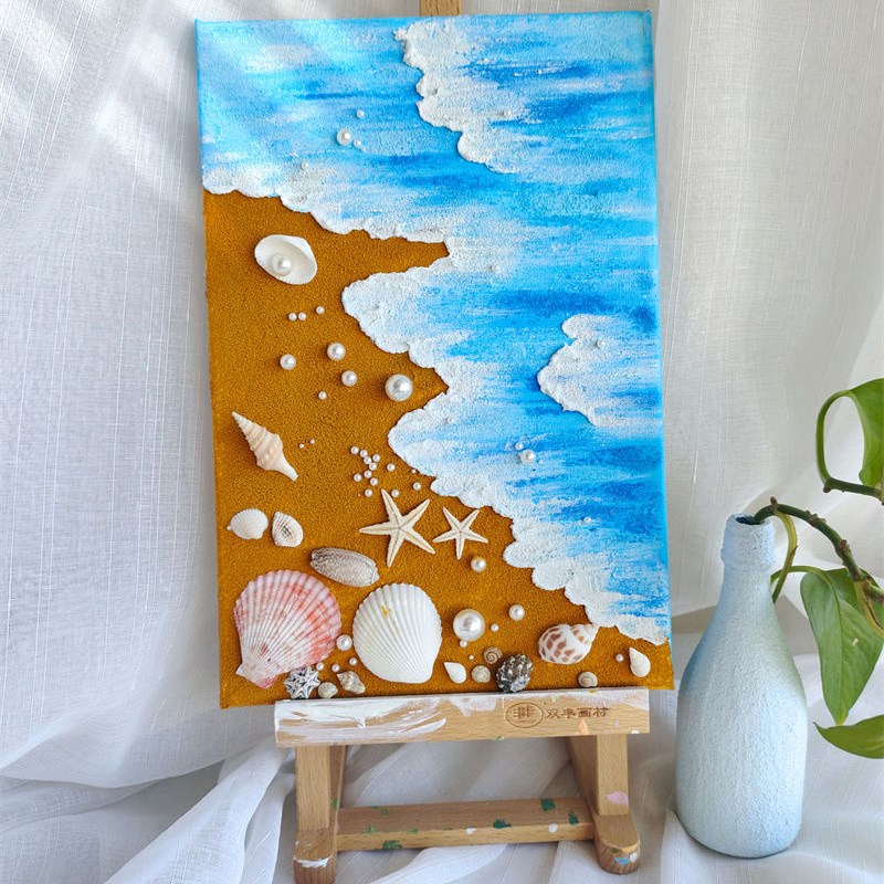 沙滩海浪肌理画diy材料贝壳手工海洋主题石英砂丙烯儿童装饰挂画图片