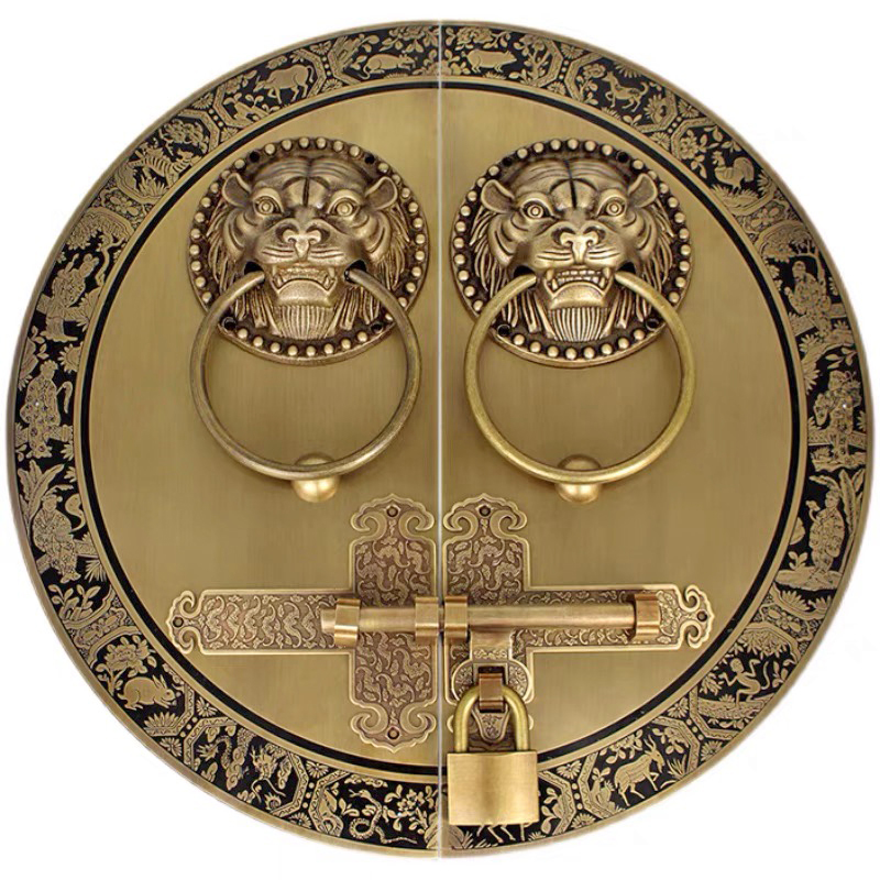 中式仿古大门栓纯铜门环拉手老式铜把手复古木门插销圆形黄铜门锁